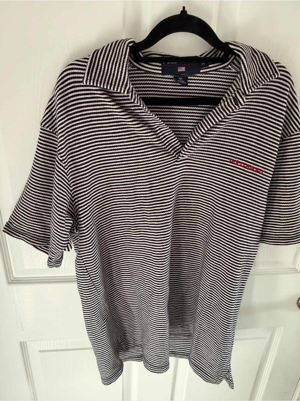 Polo by Ralph Lauren Men’s Black & White Striped Polo with Red Logo